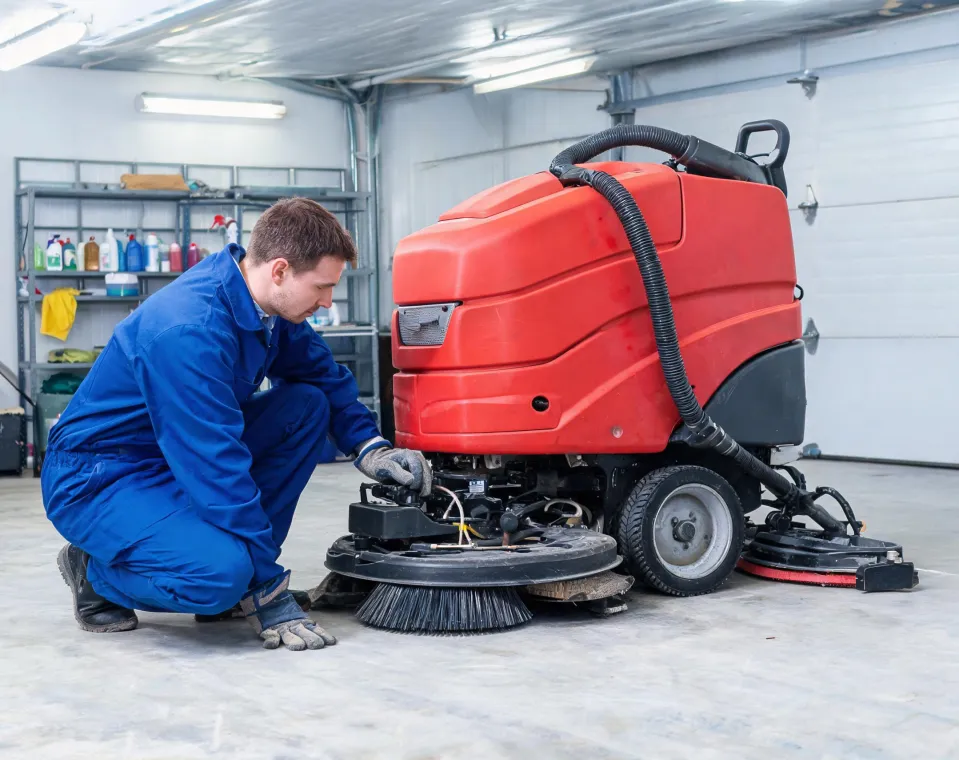 Technician examining scrubber brush deck and recovery system